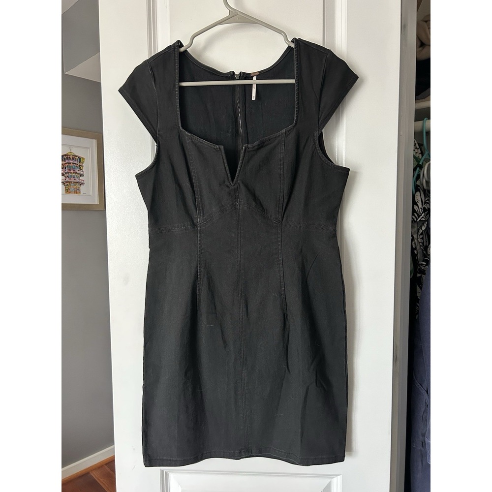 Free People Lia Denim Mini Dress Size Medium Black Bodycon Split Neck